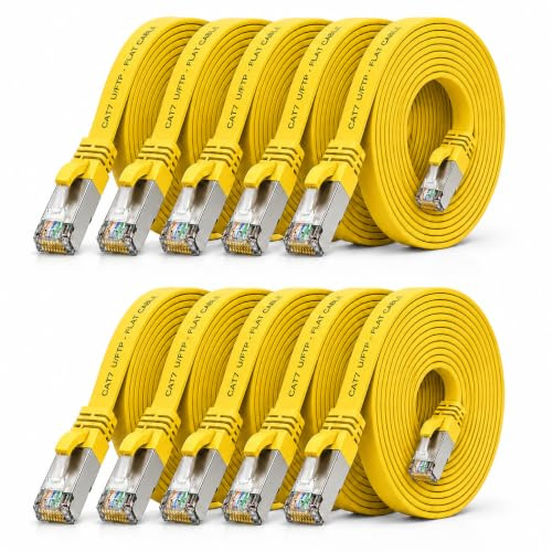 10x Câble Ethernet CAT7 plat 0,5m U/FTP 10 Gbit/s fiches RJ45 Cat6a jaune | Câble réseau LAN plat, flexible, LSZH pour box Internet, routeur, switch, PC, TV, console, modem, NAS et panneau de brassage.