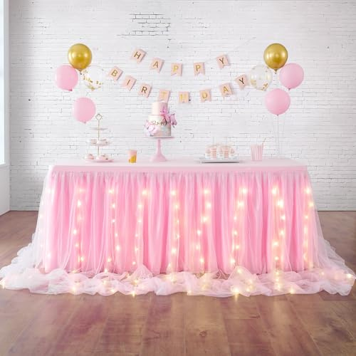 HBBMAGIC Baby Rosa Tüll Tischrock Mit Licht, 2-Langer 427cm Lang Rosa Rüschen Tulle Tischröcke, Waschbarer Tutu Tischrock für Hochzeit Party Geburtstag Babydusche Kuchen Dessert Taufe Tisch