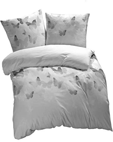 etérea Mako Satin Baumwolle Bettwäsche Lilu Schmetterlinge 135x200 4er Set - mit Reißverschluß - nach Oekotex 100 - Bettbezug mit Kissenbezug - 2stk. 135 x 200 + 2stk. 80 x 80 cm - Grau
