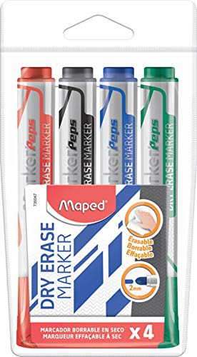 Maped Marker, trocken abwischbar, 4 Stück, Blau, Schwarz, Rot, Grün – Rundspitze, 2 mm – Weiße, Schiefer und nicht poröse Oberflächen