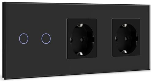 BSEED Interruptor con Enchufe Doble,2 Gang 1 Vía interruptor luz pared con Enchufe de pared,Negro Interruptor tactil de Luz pared con indicador LED,enchufes de extensión con panel de vidrio templado