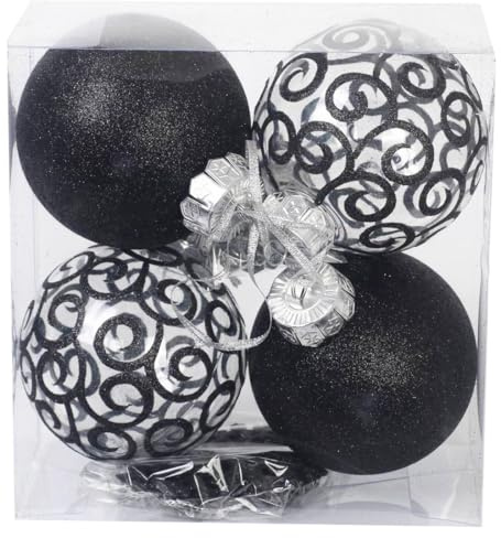 Große Schwarze Kugelornamente für Weihnachtsdekorationen im Landhausstil – extra große bruchfeste Kunststoffkugeln und Schneeflocken (120 mm), 8er-Set