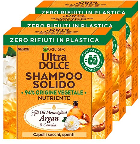 3x Garnier Ultra Dolce Shampoo Solido Nutriente Oli Meravigliosi Argan e Camelia con Ingredienti di Origine Naturale per Capelli Secchi e Spenti - 3 Shampoo Solidi da 60g