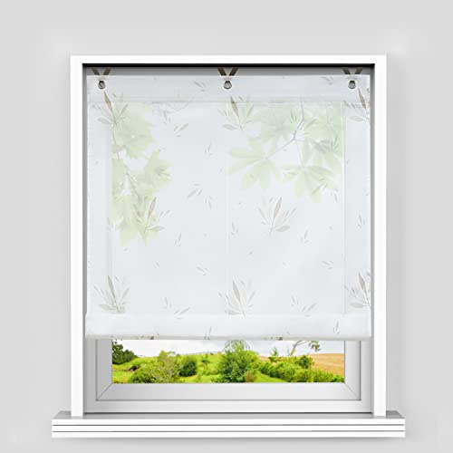 Heichkell Raffrollo mit Ösen Voile Raffgardine Blätter-Motiv Raffrollo ohne Bohren Küche Gardine Landhausstil Transparenter Vorhang Kinderzimmer Weiß BreitexHöhe 100x130 cm