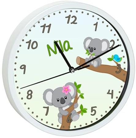CreaDesign, Wanduhr Kinder personalisiert mit Name, Motiv Koala Bär Mädchen, Rahmen Wanduhr weiß, Ø 19,5 cm