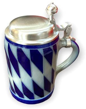 Gravuren Feller Salzglasur Krug mit Bayernraute und Zinndeckel, Bayerische Bierkrug mit Zinndeckel und Raute, Qualitätskrug, 0,5 Liter, Gravurfähig
