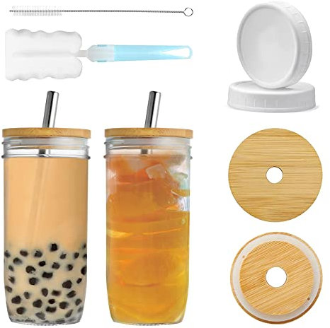 Bicchieri da Bere Mason Jar,Bicchiere Vetro con Cannucce Coperchi in Bambù Cannucce di Metallo Coperchi Extra Ermetici Tazze Riutilizzabili per Tè Alle bolle Smoothie Succhi Fatti in Casa 2 Pack 24OZ