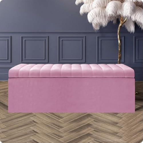 120cm Wide Velvet Ottoman Storage Box - Lined Striped Storage Ottoman Box - Plush Velvet Upholstered Blanket Box - Velvet End Table - End of Bed Bench - Shoe Storage Bench - Entry hallway Bench