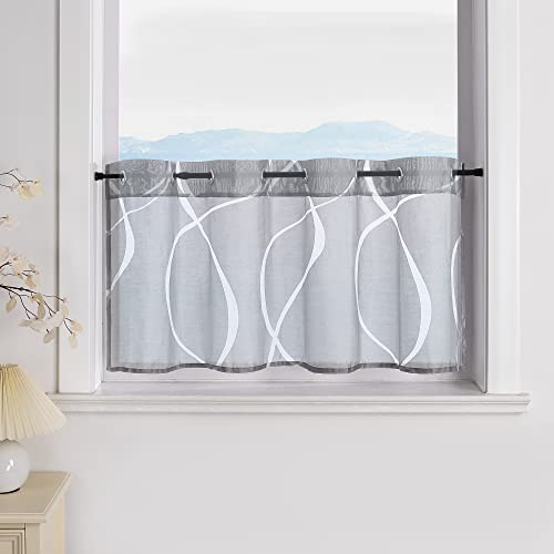 ESLIR Scheibengardine modern Bistrogardine Ausbrenner Küche Gardinen Transparent Vorhänge mit Ösen Kurzgardine Voile Wellen Muster Grau HxB 45x90cm 1 Stück