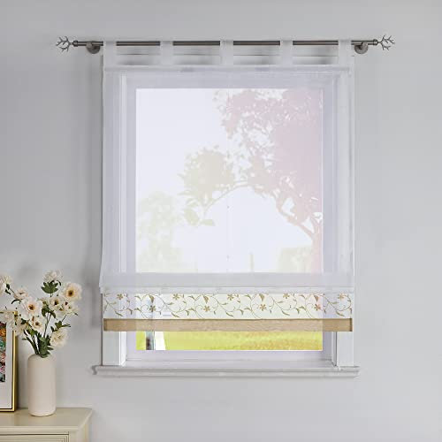SCHOAL Raffrollo mit Schlaufen Voile Transparente Raffgardine Schlaufenrollo Küche Gardinen Weiß im Landhausstil Wohnzimmer Kinderzimmer 1 Stück BxH 120x150cm Beige