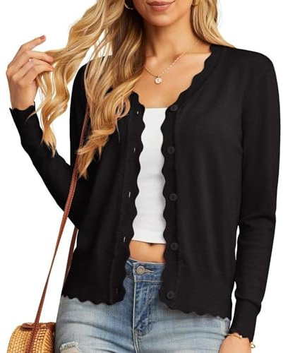 GRECERELLE Cardigan da Donna con Bottoni e Scollo a V Cardigan da Donna in Pizzo Estivo, Leggero ed Elegante (Nero, L)