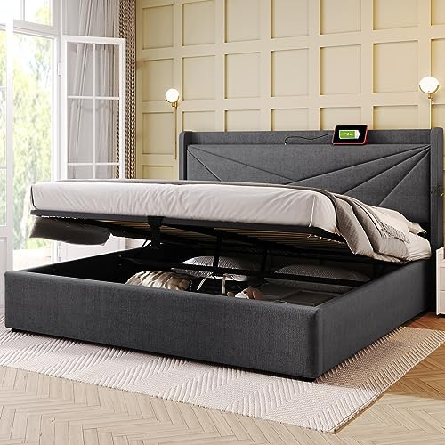 Merax Polsterbett 160 x 200 cm, Hydraulisch Doppelbett mit USB Typ C Ladefunktion Kopfteil, Stauraumbetten Bettgestell mit Lattenrost, Leinen-Oberfläche, Erwachsenen Jugendbett, Ohne Matratze, Grau