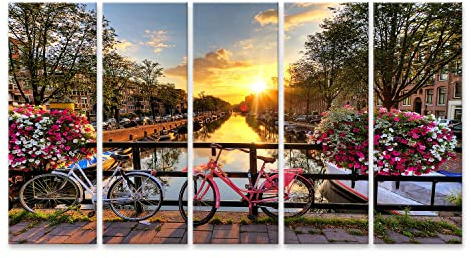 islandburner Bild auf Leinwand Schöner Sonnenaufgang Über Amsterdam In Den Niederlanden Mit Blumen Und Fahrräder Auf Der Brücke Im Frühjahr Wandbild Poster Kunstdruck Bilder
