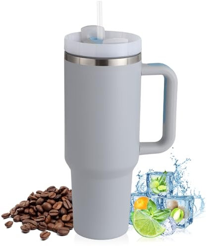 PRAOAHEI 40oz Thermobecher mit Strohhalm und Henkel, 1180 ML Doppelwandiger Edelstahl Heiße Kalte Getränke Vakuum Trinkbecher, Kaffeebecher für Zuhause Reisen Hell Grau