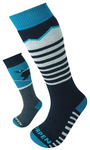 Lorpen Kid's T1 Merino Ski Eco Sock, Great for Skiing, Eco-Friendly & Sustainable, Ultra Thick, Fully Cushioned, 2 Pack, Blue, Size Large