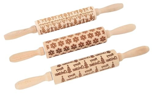 banapoy Lot de 3 Rouleaux à Pâtisserie de Noël en Bois gravé avec Flocons de Neige, élans, Arbres de Noël, pour Biscuits de Noël, Biscuits au Pain D'épices