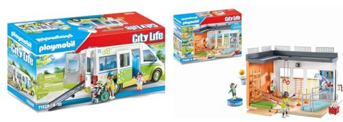 PLAYMOBIL City Life 71329 Schulbus, Großer Schulbus mit Schiebetür & City Life 71328 Anbau Turnhalle, Turnhallen Anbau mit Basketballkorb