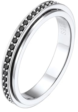 Silvora 3.5mm breit Spinner Fingerring Damen 925 Silber Fidget Anti-Stress Drehring Schlichter Schwarz Zirkonia Bandring Ringgröße 52 (16.5) für Verlobungsring Engagementring Freundschaftsring