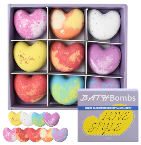 Pagezol 9PCS Love Heart Bath Bombs Gift Set, Natural Shower Bath Bombs with SPA Aromatherapy, Beauty Spa Gift, Bath Fizzers for Women, Girls, Her, Girlfriend, Mothers Day Birthday Gift(B)
