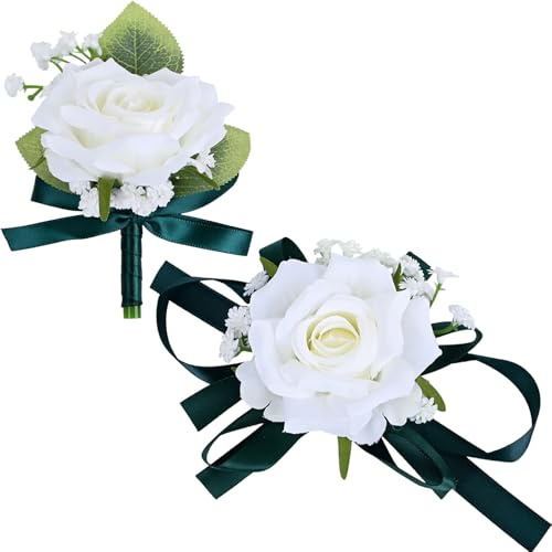 MAFELOE Künstliche Ansteckblume und Ansteckblume für Heimkehr, Party, Abschlussball, Brautpaar, Braut, Brautjungfern, Hochzeit, Kunstblumen, Zubehör, Anzug-Dekorationen, Weiß + Dunkelgrün, 2 Stück
