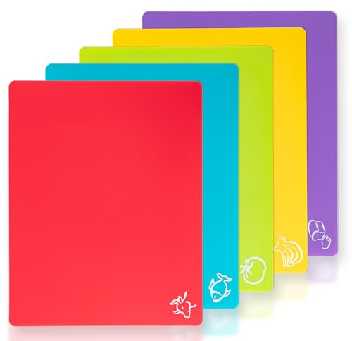 Flexible Kunststoff-Schneidebrettmatten mit Lebensmittel-Symbolen, BPA-freie Schneidebretter für Küche, rutschfeste Schneidematte für Fleisch und Gemüse (Rot, Hellgelb, Hellgrün, Lila, Seeblau), 5