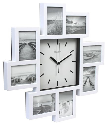 Miraval Design Bilderrahmenuhr Wanduhr mit 8 Bilderrahmen zum Individualisieren 350 mm lautlos kein Ticken Japanisches Quarzuhrwerk (Weiß)