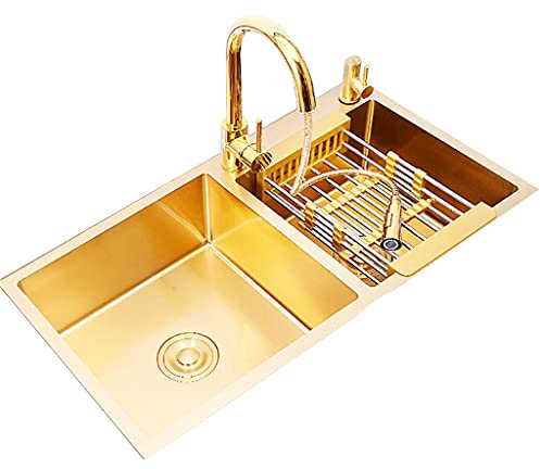 Edelstahl-Küchen-Doppelwaschbecken, Balkon-Doppelwaschbecken, goldene Nano-Quadrat-Doppelschüssel, leicht zu reinigende Doppelschüsseln, einschließlich verschiedener Zubehörteile (Farbe: Gol