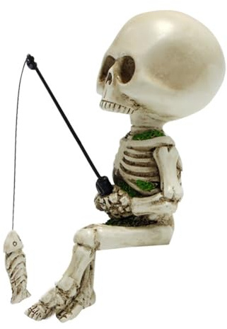 Angel-Skelett-Statue,Skelett mit Angel,Fishing Skeleton Figuren, Angeln Skelett Statue Halloween Dekorationen, Baby Skelett Figuren Statue Dekor, Angeln Skelett Garten Zubehör für Garten Teich