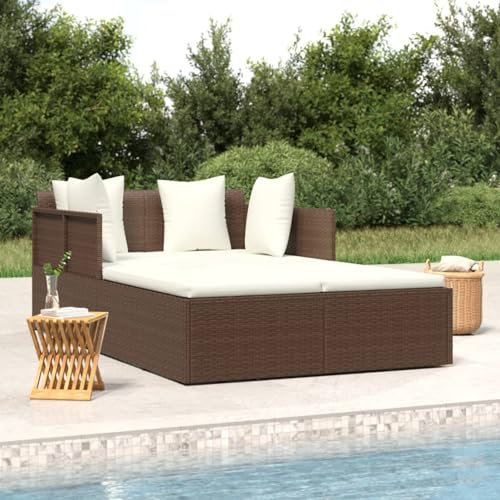 Festnight Doppelliege Outdoor 2 Personen Doppel Gartenliege Rattan Sonnenliege Sonnenbett Loungebett Gartenbett mit Auflage Liege Outdoor Rattanliege Liegestuhl Garten