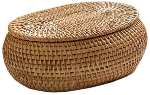 Wicker Basket with Lid, 6.3x5.5 Inch Basket with Lid, Hand-Woven Round Rattan Storage Box, Desktop Decorative Box for Home Farmhouse Kitchen Style 2