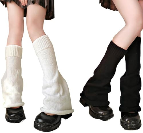Fosoloni Beinstulpen Damen,2 Stück Leg Warmers Y2k Winter BeinwäRmer,StrüMpfe Overknees Stricken Beinstulpen,Niedliche Beinstulpen Goth Lolita Zubehör (2, Weiß 1Schwarz 1)