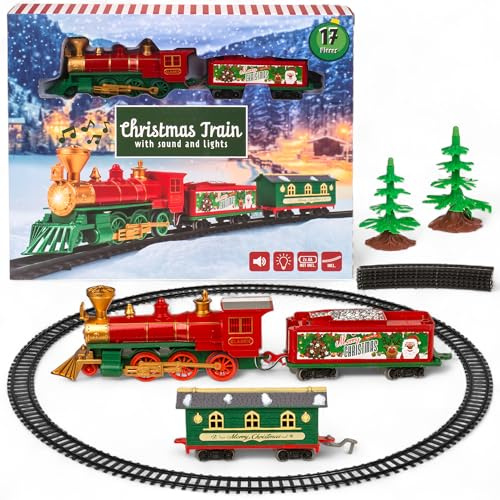 MIJOMA Weihnachtszug mit Licht & Sound – 17-teiliges Eisenbahn-Set inkl. Schienenkreis, Lok, Waggons & Tannen – batteriebetriebene Spielzeugeisenbahn für unter den Weihnachtsbaum