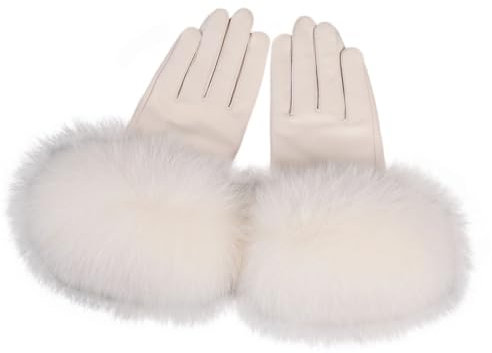 Damen-Handschuhe aus echtem Lammleder, mit Manschette, Winter, warm, mit Fleece gefüttert, Beige, Größe S