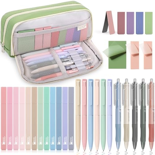COZCLAM Set de 32 Papelería Estética con Estuche Verde, 12 Resaltadores Pastel, 6 Bolígrafos de Colores, 5 Bolígrafos Negros, 5 Marcapáginas Magnéticos, 3 Notas Adhesivas, Set de Papelería Escolar