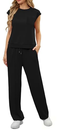 GRECERELLE Chándal de dos piezas para mujer, traje de verano de manga corta, informal, cuello redondo, manga larga, tops y pantalones de chándal con bolsillos, Negro , L