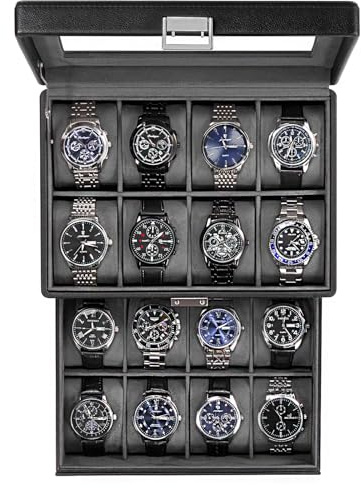 ProCase Watch Box for Men, Jewelry Organizer Box with Drawer, Display Storage Case with Glass Lid -Black, 16 Slot