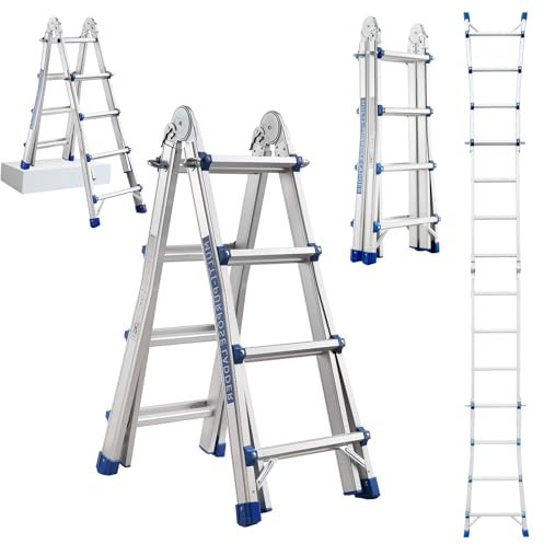 STANEW Scala Singola in Alluminio Multiuso 4 M 4x4 pioli, Scala Multifunzione Telescopica Professionale, Pieghevole, Cavalletto di Prolunga, a Gradini e Bifacciale, Portata Max 150 Kg