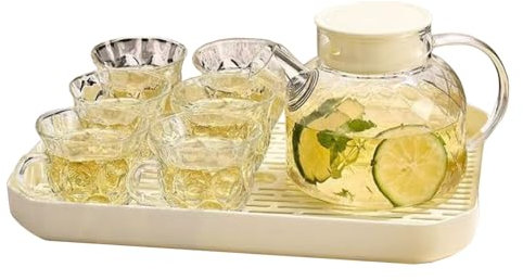 Tzstz 7 pezzi, 1 teiera in vetro, 6 tazze d'acqua in vetro, 1 vassoio, con filtro rimovibile, adatta per preparare tè, tè alla frutta, bevande