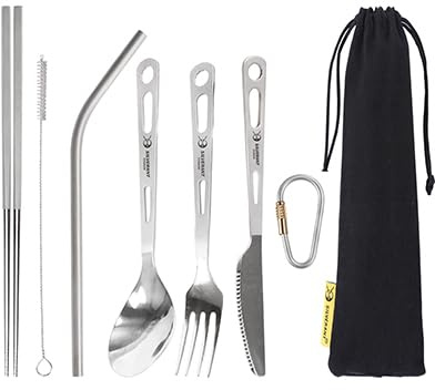 SILVERANT Titanium Cutlery Set, Lightweight Camping Utensils Combo Including Resuable Knife Fork Spoon Chopsticks Straw for Travel & Home Office Flatware Set (213 Plus- Polished)