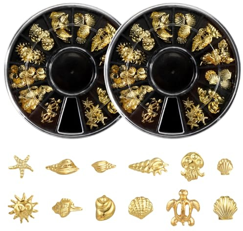 Penitue 2uds Discos de Conchas Marinas para Uñas, Adornos Metal Dorado 3D Uñas de Playa Calcomanías Artísticas Manicura Estrella Mar para Manualidades Scrapbooking (12 Estilos)