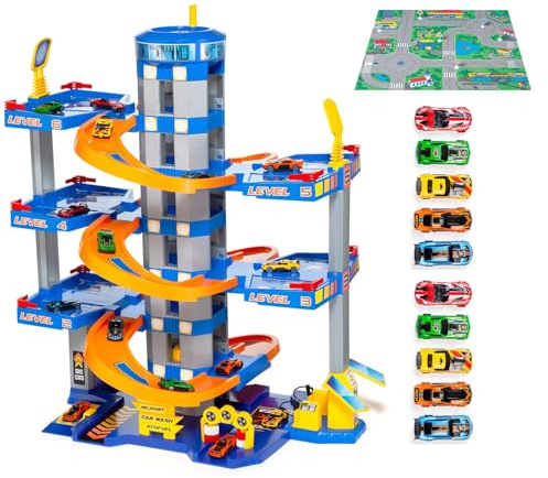 MOLTO | Parking de Juguete 6 Plantas Azul con 10 Coches y Tapiz de Juego – Garaje Infantil con Rampas, Elevador y Elementos Interactivos – Juego de Imaginación y Motricidad para Niños Desde 3 Años