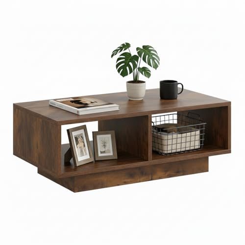 SHOWHA Tavolo basso da caffè effetto legno vintage, nero, tavolo basso rettangolare moderno ed elegante per soggiorno, con 2 scomparti aperti, tavolo basso rettangolare per divano, per
