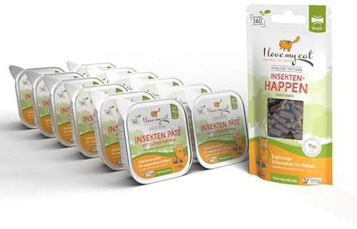 I Love My Cat Set - Paté de Insectos con Relleno de Calabaza (12 x 150 g) + Aperitivo para Insectos (50 g) | Comida húmeda hipoalergénica y Aperitivos para Gatos sensibles a la nutrición | Sin
