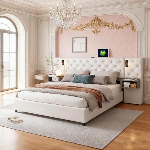 BRYXR Polsterbett Doppelbett Bett 140x200 cm, Schlafzimmer Komplett Set mit 2X Nachtkommoden, Hydraulisch Stauraumbett, LED Kopfteil mit Leselicht und USB Ladefunktion, Beige Samt, Ohne Matratze