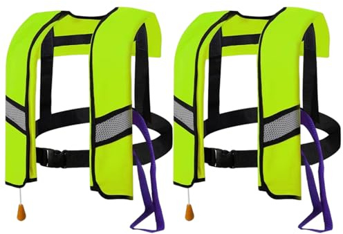 Jorzer Lot de 2 Gilets de Sauvetage gonflables automatiques 150 N avec Bandes réfléchissantes et sifflet supplémentaire, Gilet Bain Portable pour Adultes (Taille Unique), Vert Clair.