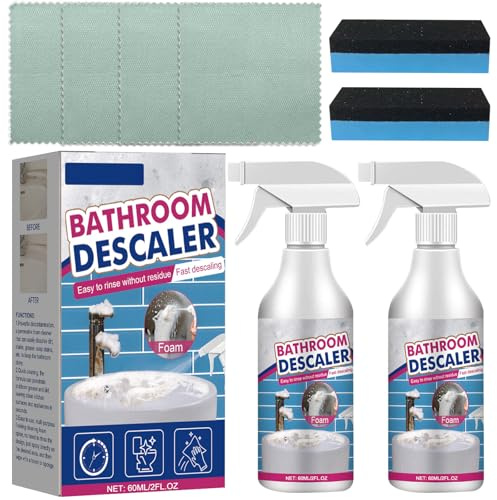 Toivize Nettoyeur de Taches Têtues, Bathroom Descaler Nettoyant Salle de Bain, Nettoyant Puissant pour WC Douche Verre Robinet Carrelage, Élimine Calcaire et Résidus, 2x60ml avec Éponge et Chiffon