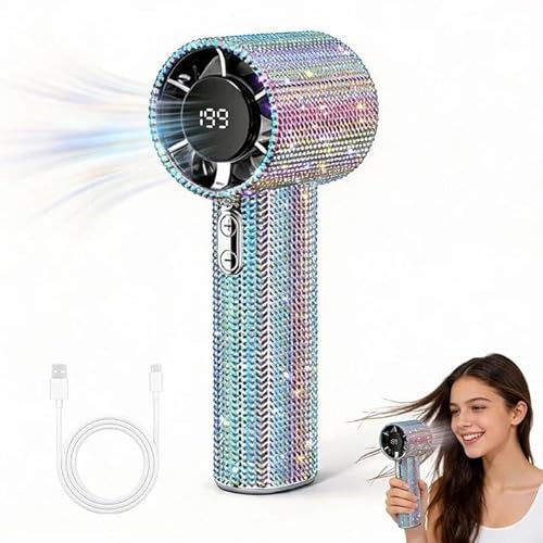 KUWUNG Handheld Fan Rechargeable, Diamond Mini Hand Fan with Digital Display 5 Gear Wind Speed Rhinestone Small Travel Fan for Kids and Adult, Personal Pocket Fan with Lanyard