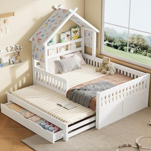 Xwiny Kinderbett 140x200 cm mit Ausziehbett und hausförmig, Holzplattformbett mit Stauraumschublade und Sicherheitsgitter, Plattformbett, Holzrahmen, Weiß(Ohne Matratze)