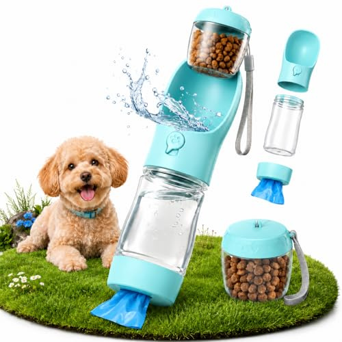 Botella para perros de 350 ml, multifunción, portátil, para viajes, con recipiente para alimentos de 100 g y dispensador de bolsas para excrementos