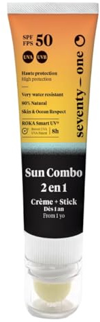 SeventyOne Percent | Sun Combo SPF50+ Crème Solaire 20ml + Stick 2-en-1 Visage & Lèvres | Protection UVA UVB Longue Durée, Résistant à l'Eau | Technologie ROKA Smart UV | Vegan | Fabriqué en France